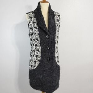 Vintage Grey Floral Embroidered Mohair Wool Button Vest Size Medium